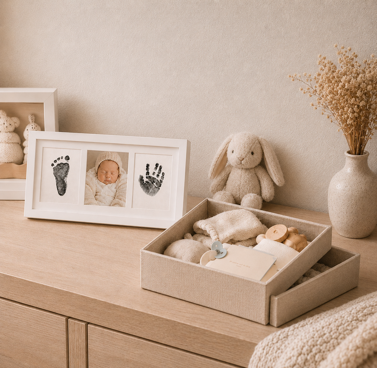 Baby Handprint & Footprint Keepsake Frame, 3-Panel Solid Wood