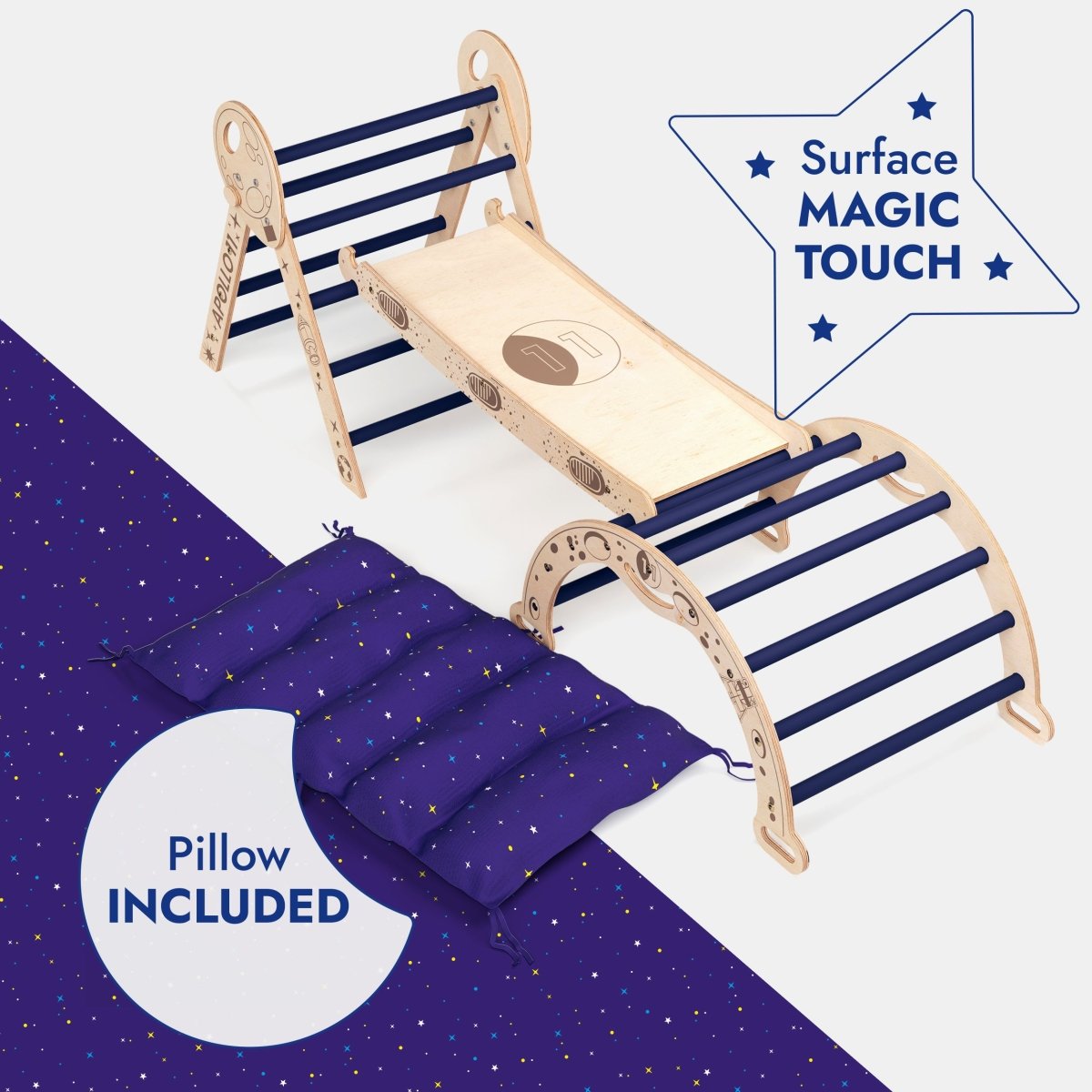 Apollo 4-in-1 Climbing Set: Pikler Triangle, Arch, Slide Board, and Cushion for Little Toddlers Astronauts (1–3 Years)