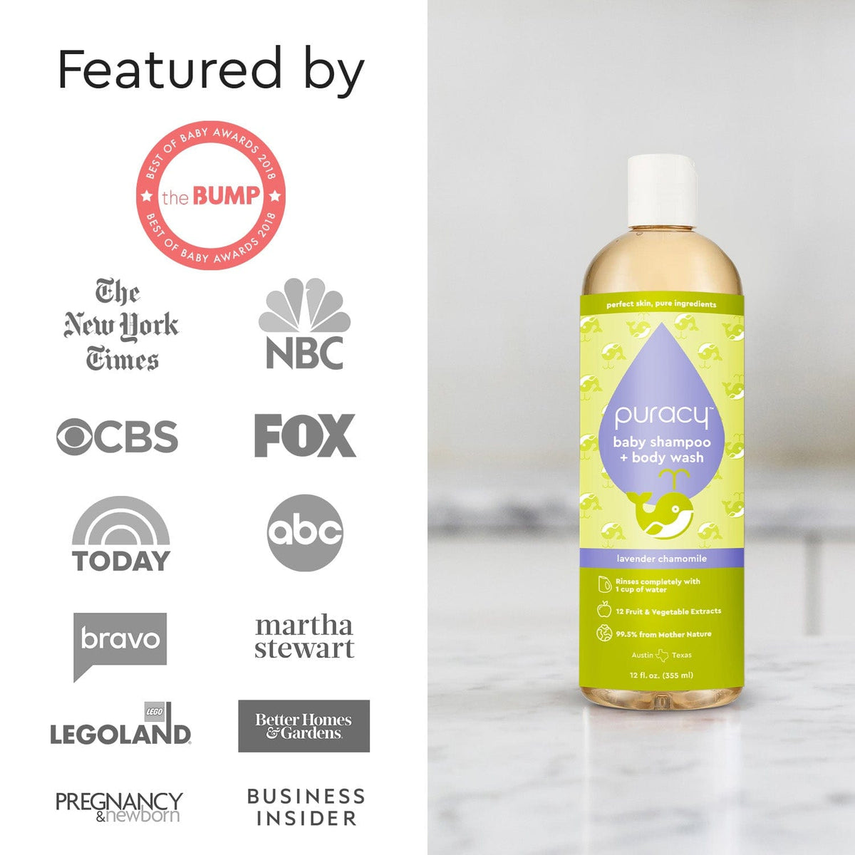 Puracy Tear-Free Baby Shampoo & Body Wash - Plant-Based, pH-Balanced for Sensitive Skin