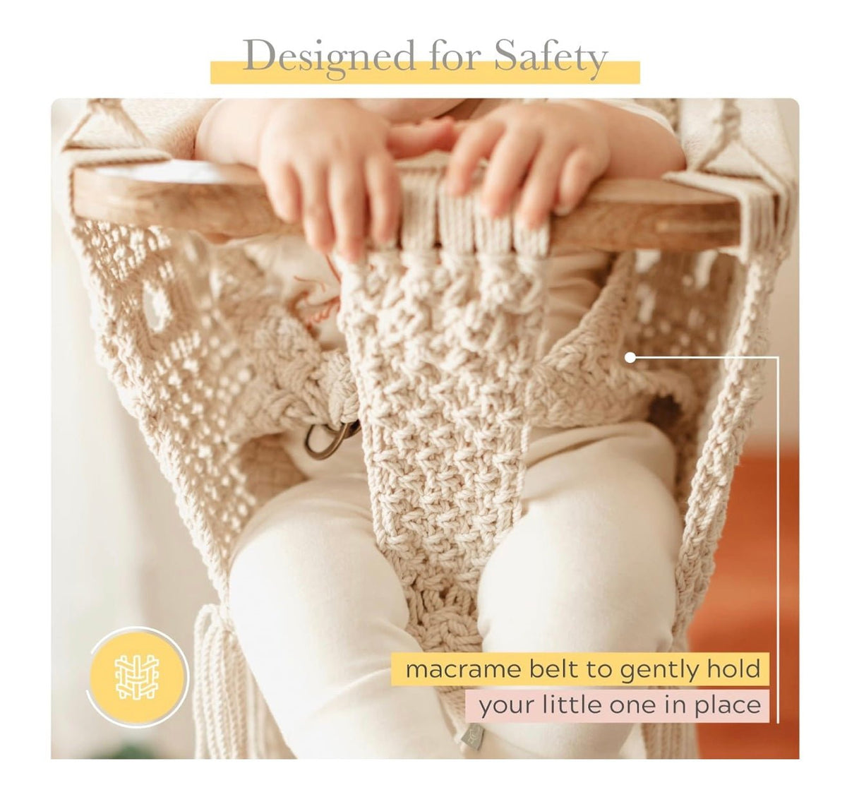 Finn + Emma Handmade Organic Macrame Baby Swing - Boho Nursery, Holds Up to 40 lbs