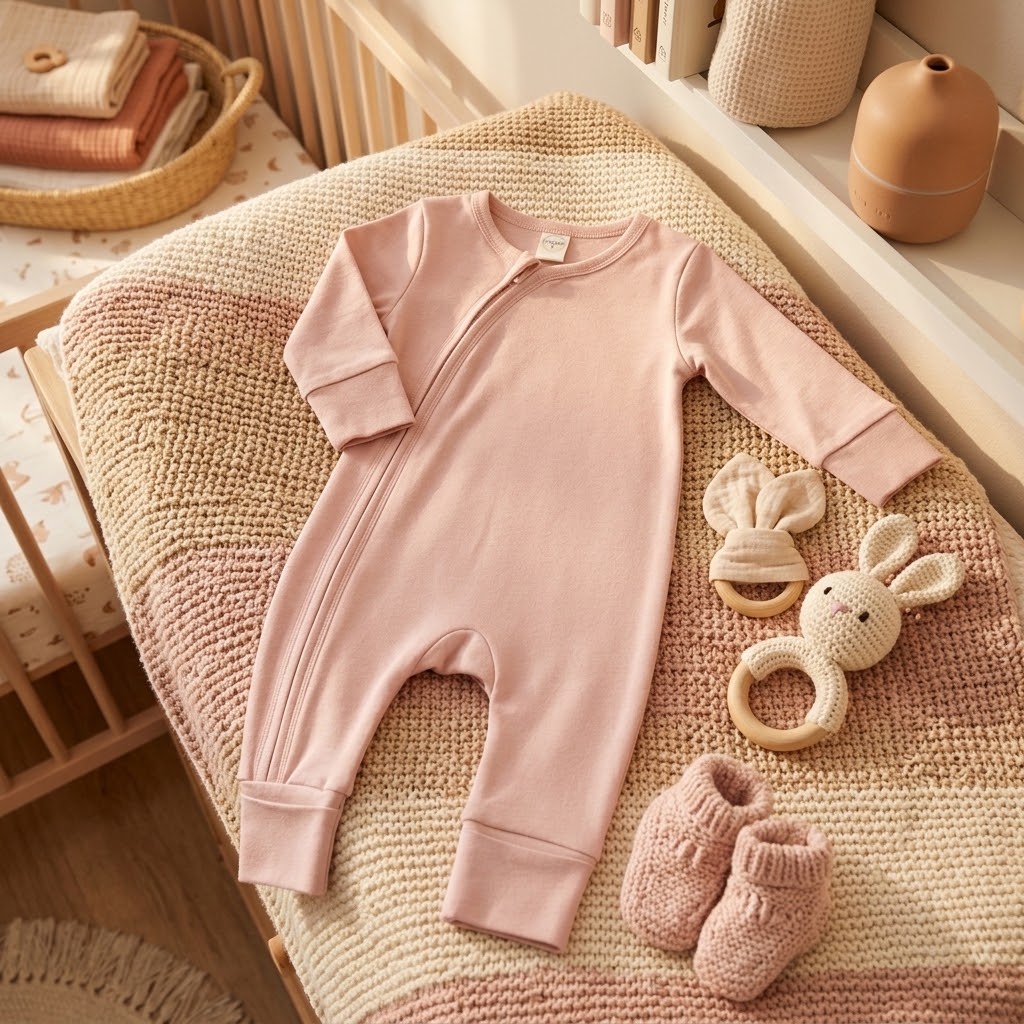 Cotton Baby Zipper Romper with Convertible Cuffs - Soft Coral