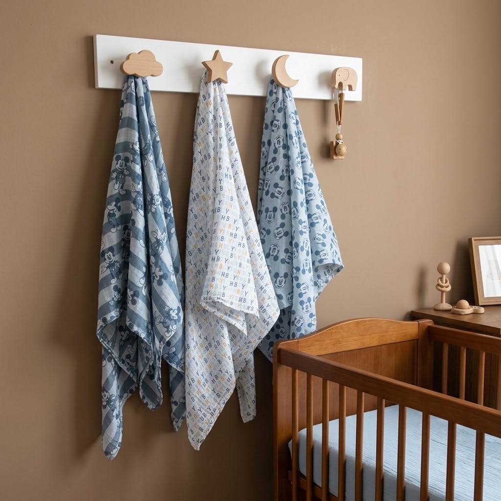 Several soft blue colored swaddles hanging on a wall coat rack next to a crib in warm beige colored room
