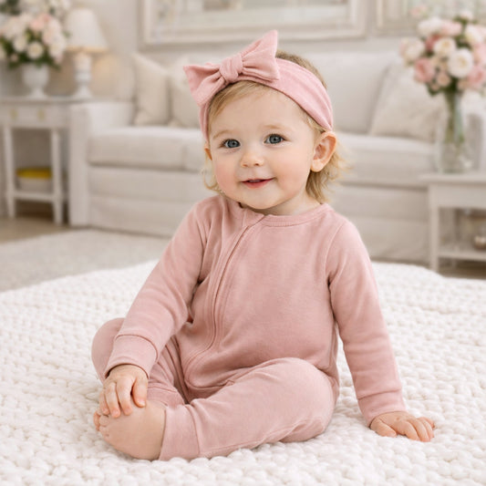 Cotton Baby Zipper Romper with Convertible Cuffs - Soft Coral