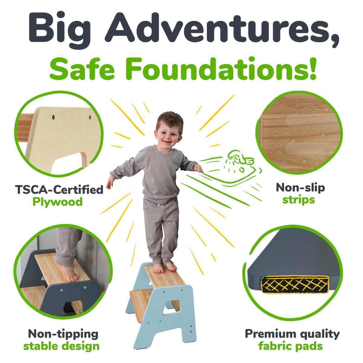 Ocodile 2-Step Wooden Toddler Step Stool - Non-Slip, Tip-Proof, Ages 2+