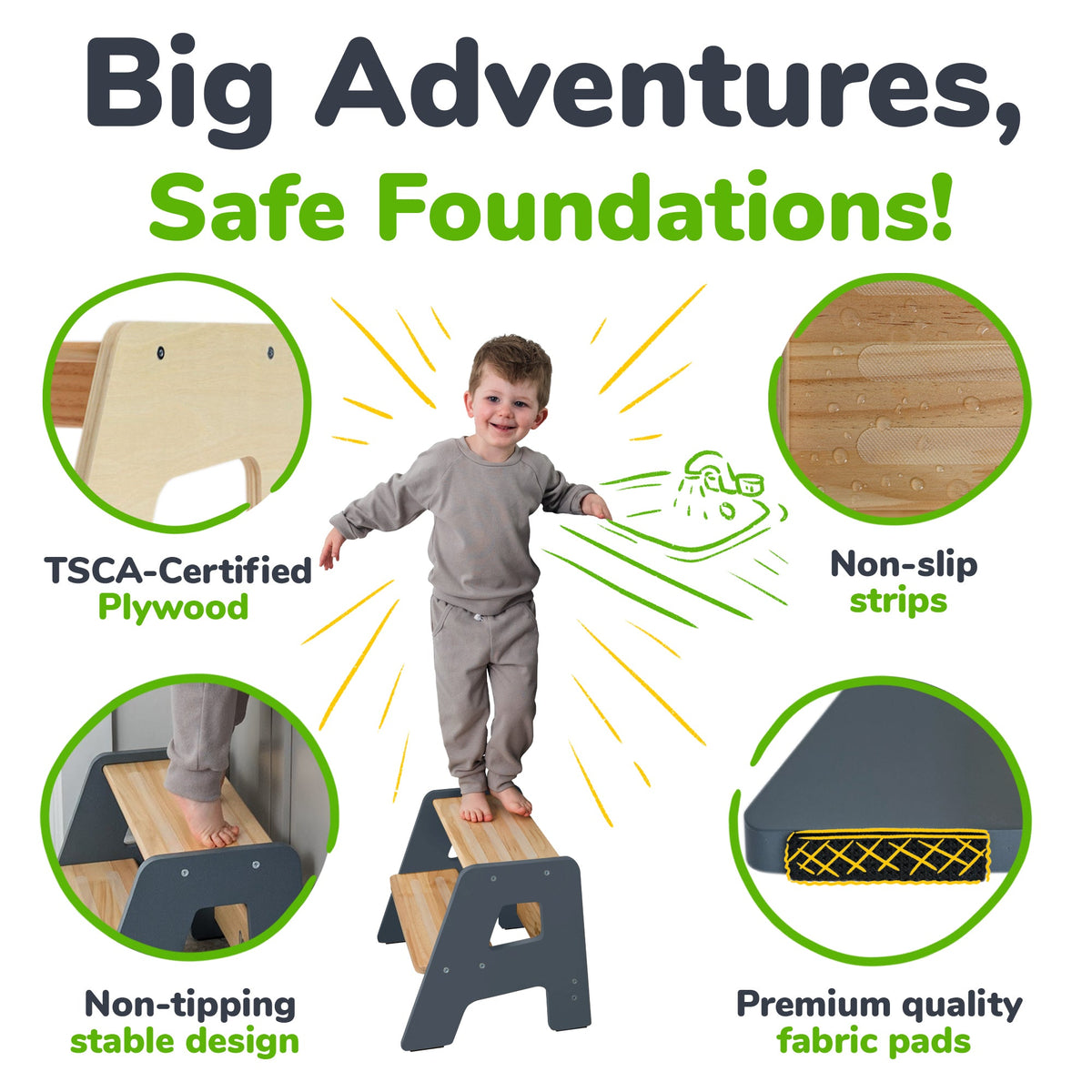 Ocodile 2-Step Wooden Toddler Step Stool - Non-Slip, Tip-Proof, Ages 2+