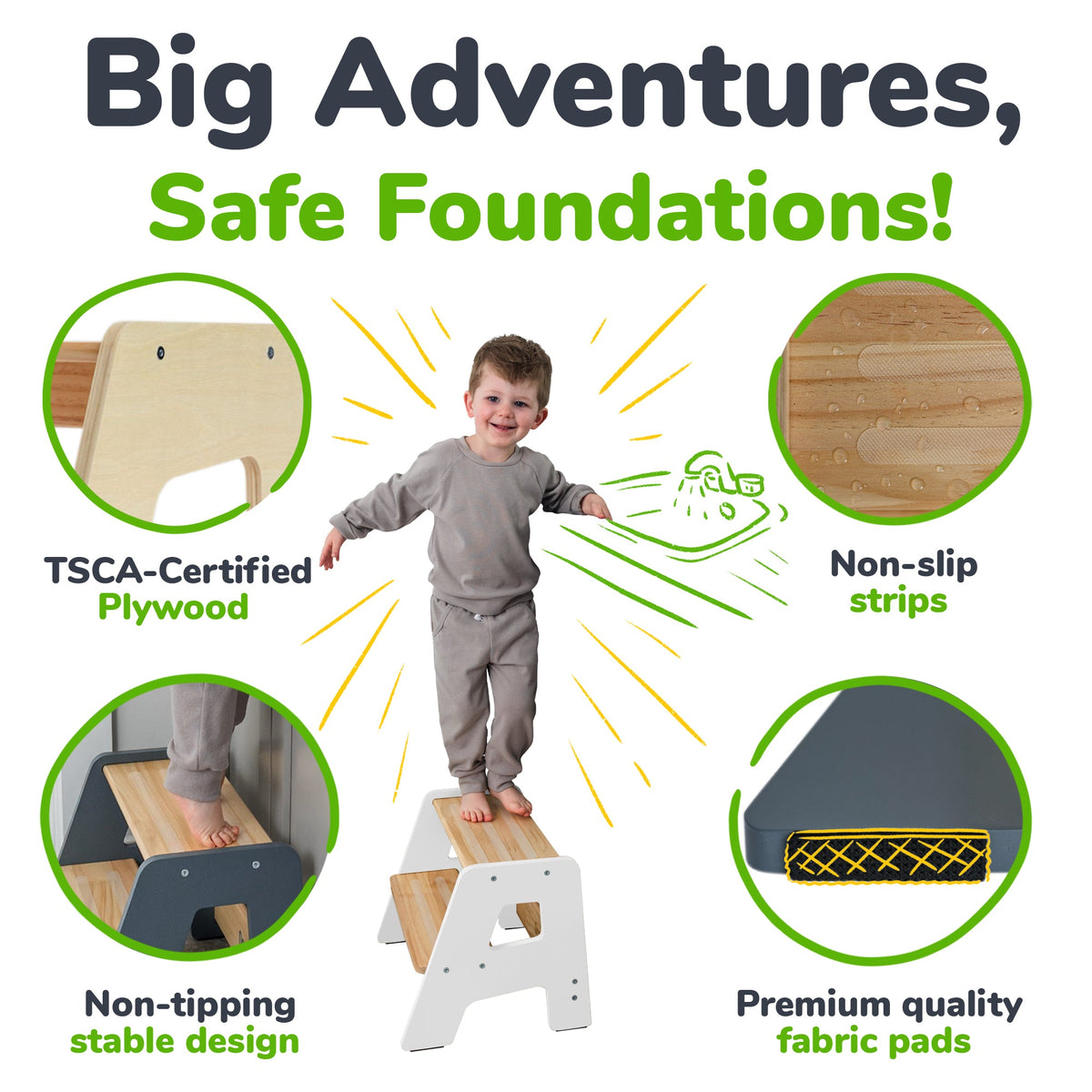 Ocodile 2-Step Wooden Toddler Step Stool - Non-Slip, Tip-Proof, Ages 2+