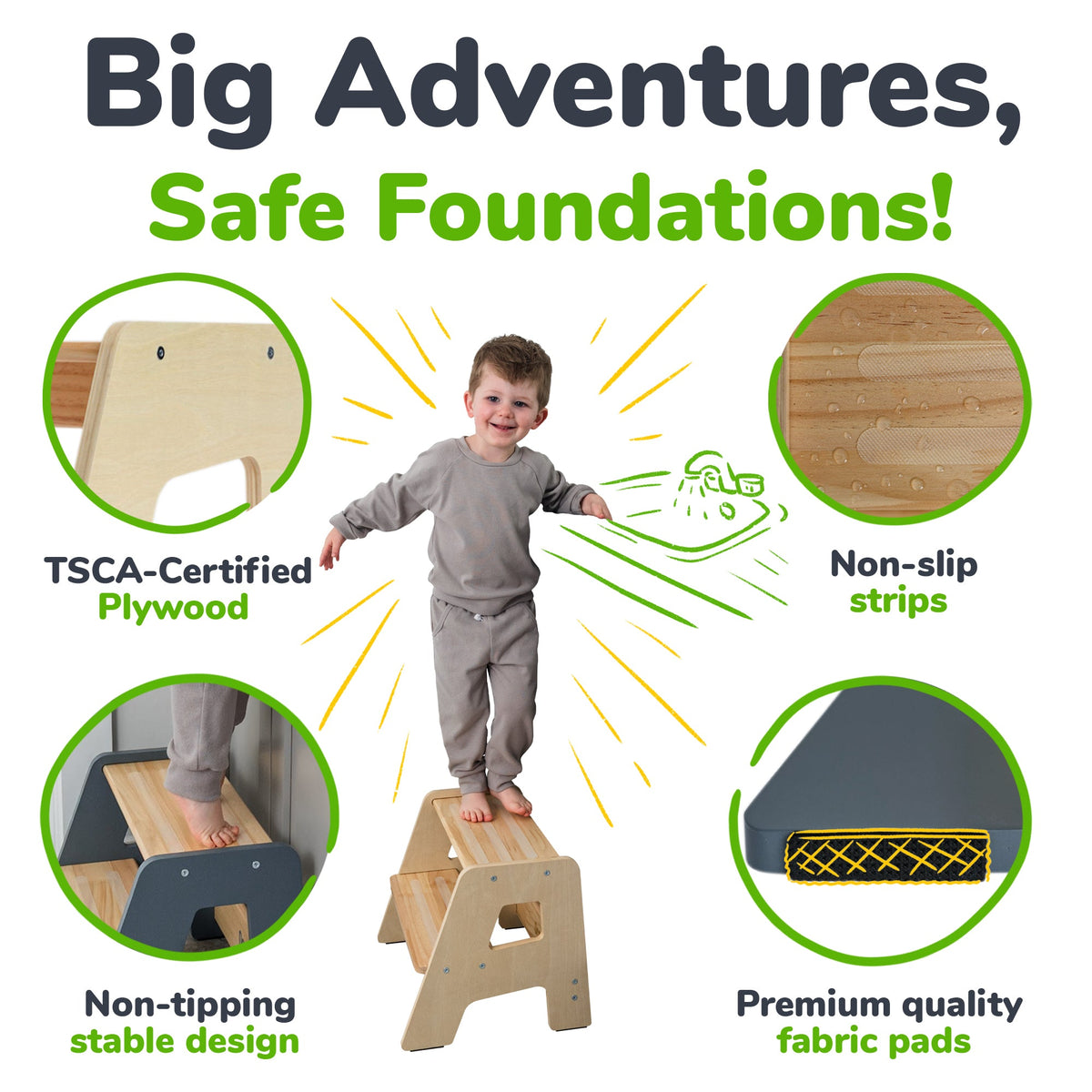 Ocodile 2-Step Wooden Toddler Step Stool - Non-Slip, Tip-Proof, Ages 2+