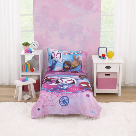Marvel Ghost Spider, Go Ghosty Purple, Pink, and Blue 4 Piece Toddler Bed Set - Comforter, Fitted Bottom Sheet, Flat Top Sheet, and Reversible Pillowcase