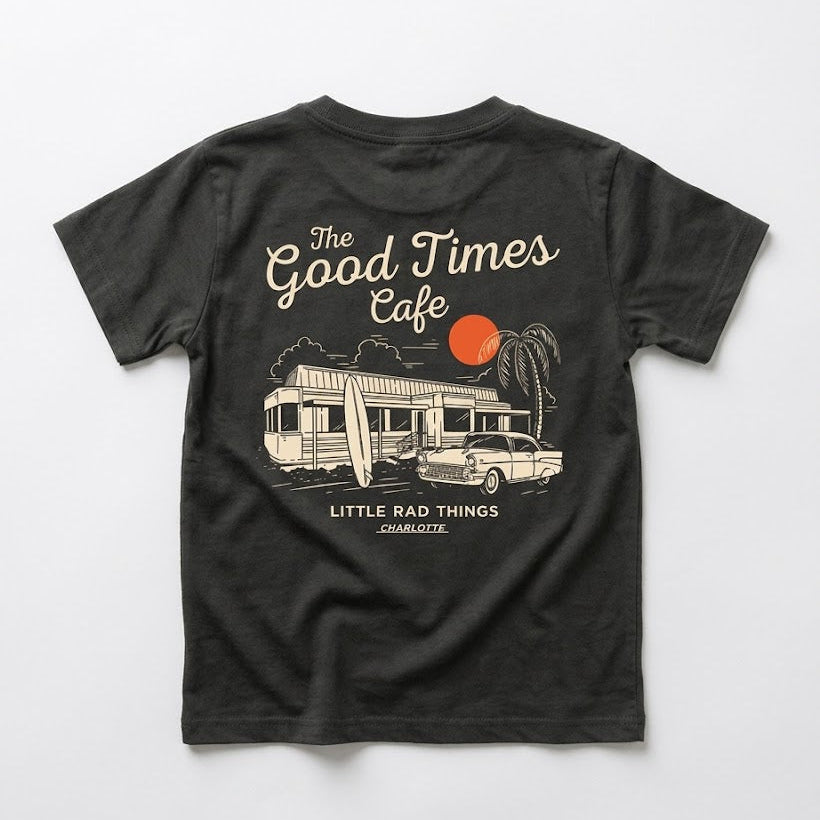 Little Rad Things Good Times Cafe Organic Cotton Kids Tee - Coal, Vintage Graphic