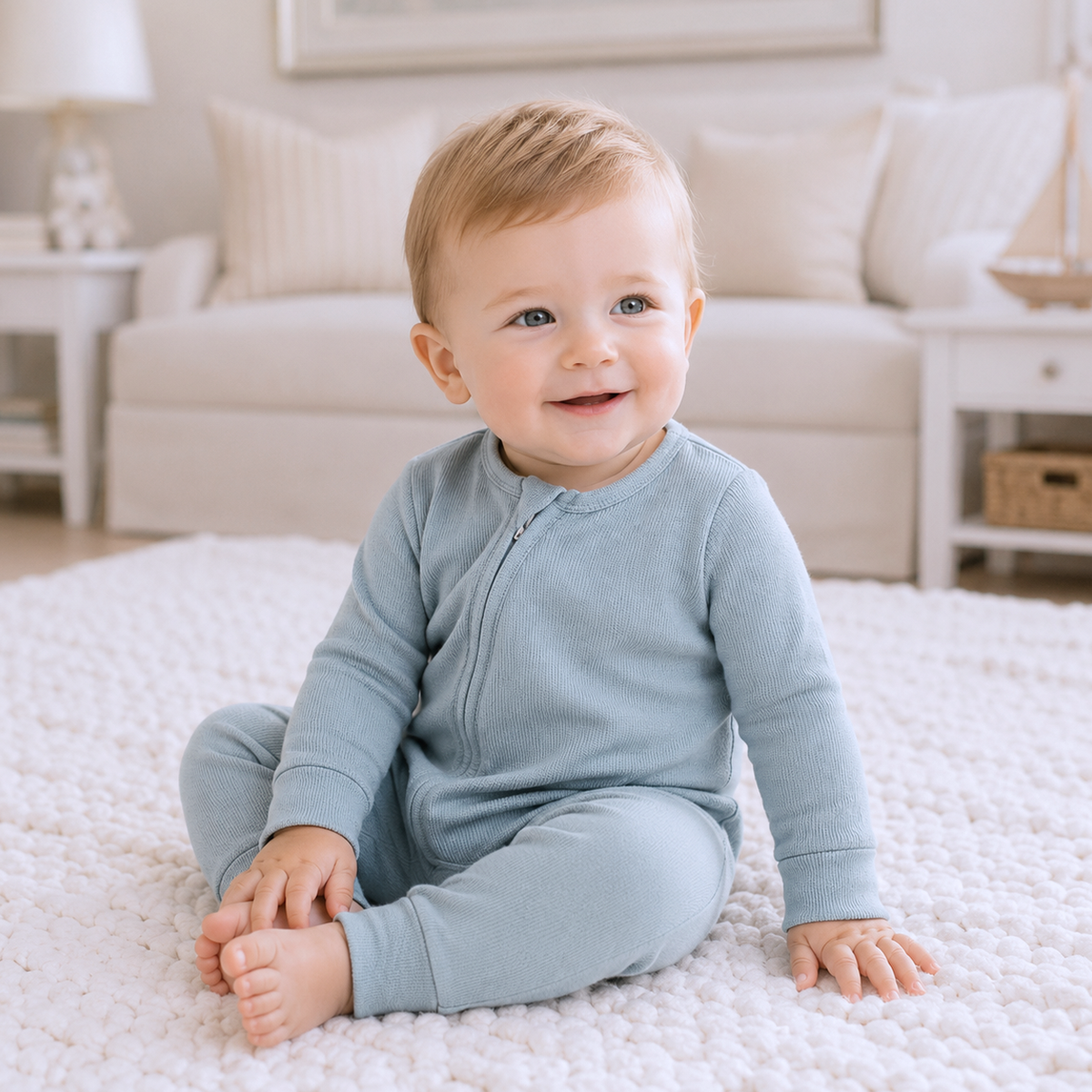 Cotton Baby Zipper Romper with Convertible Cuffs - Blue