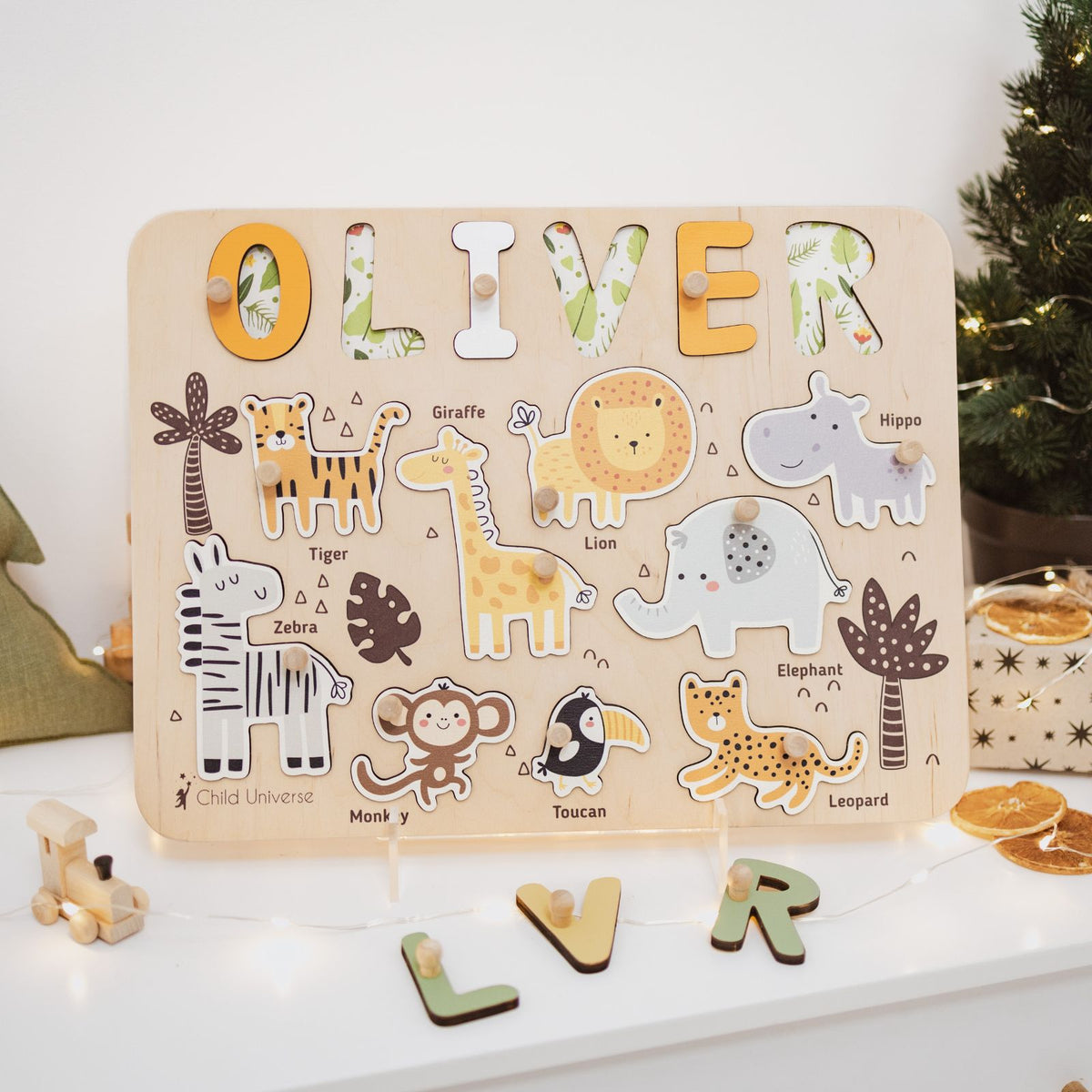 Personalized Jungle Name Puzzle Board – Wooden Montessori Toy