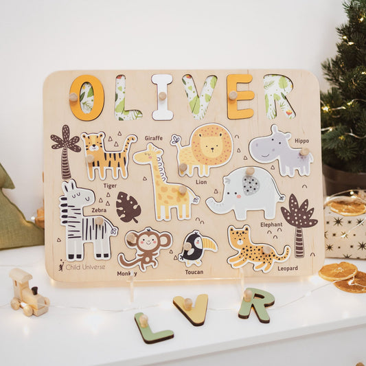 Personalized Jungle Name Puzzle Board – Wooden Montessori Toy