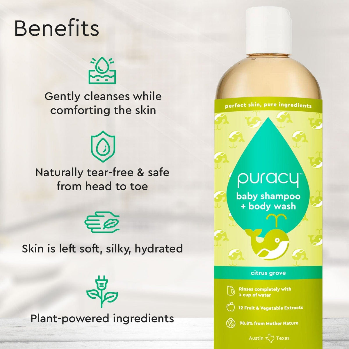 Puracy Tear-Free Baby Shampoo & Body Wash - Plant-Based, pH-Balanced for Sensitive Skin