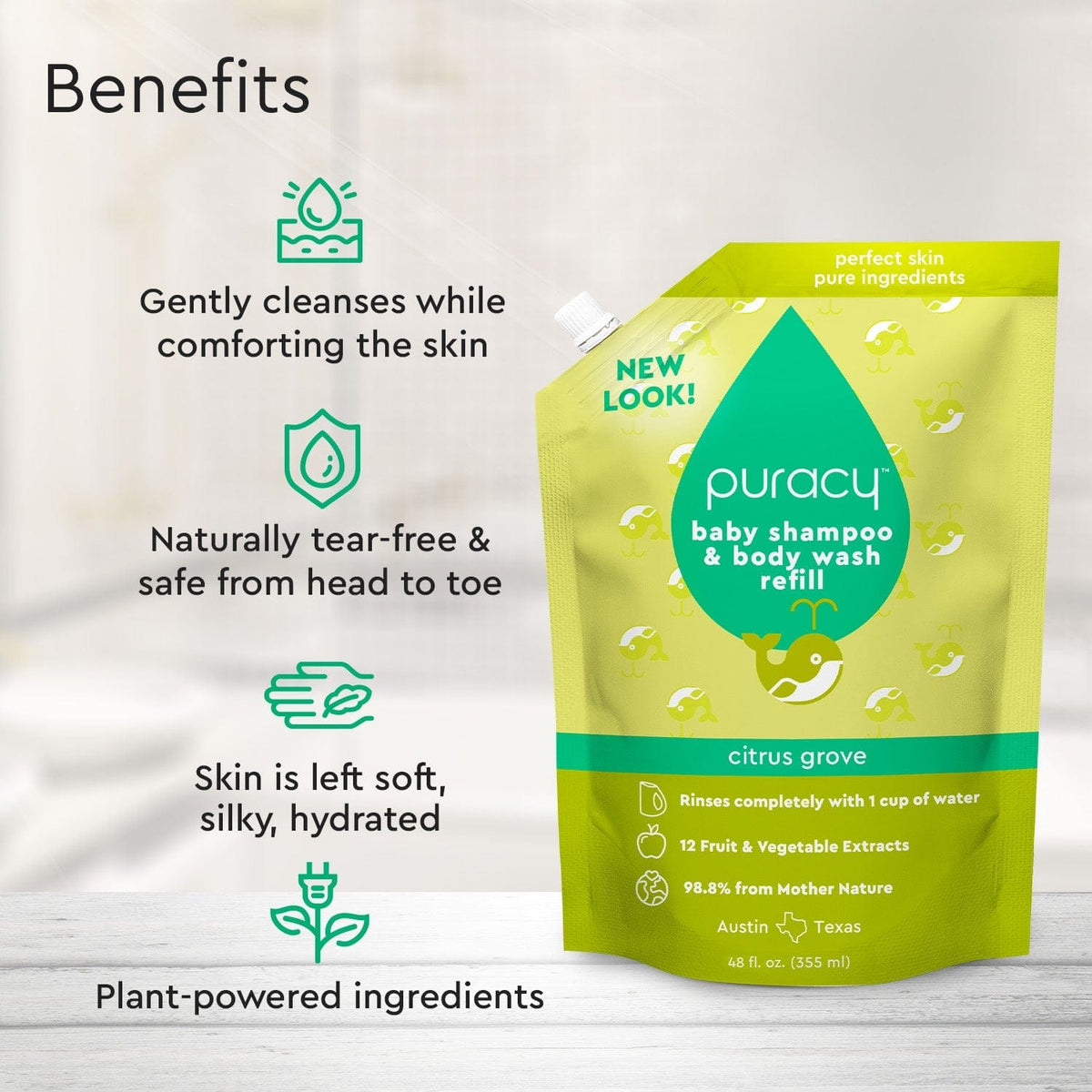 Puracy Tear-Free Baby Shampoo & Body Wash - Plant-Based, pH-Balanced for Sensitive Skin