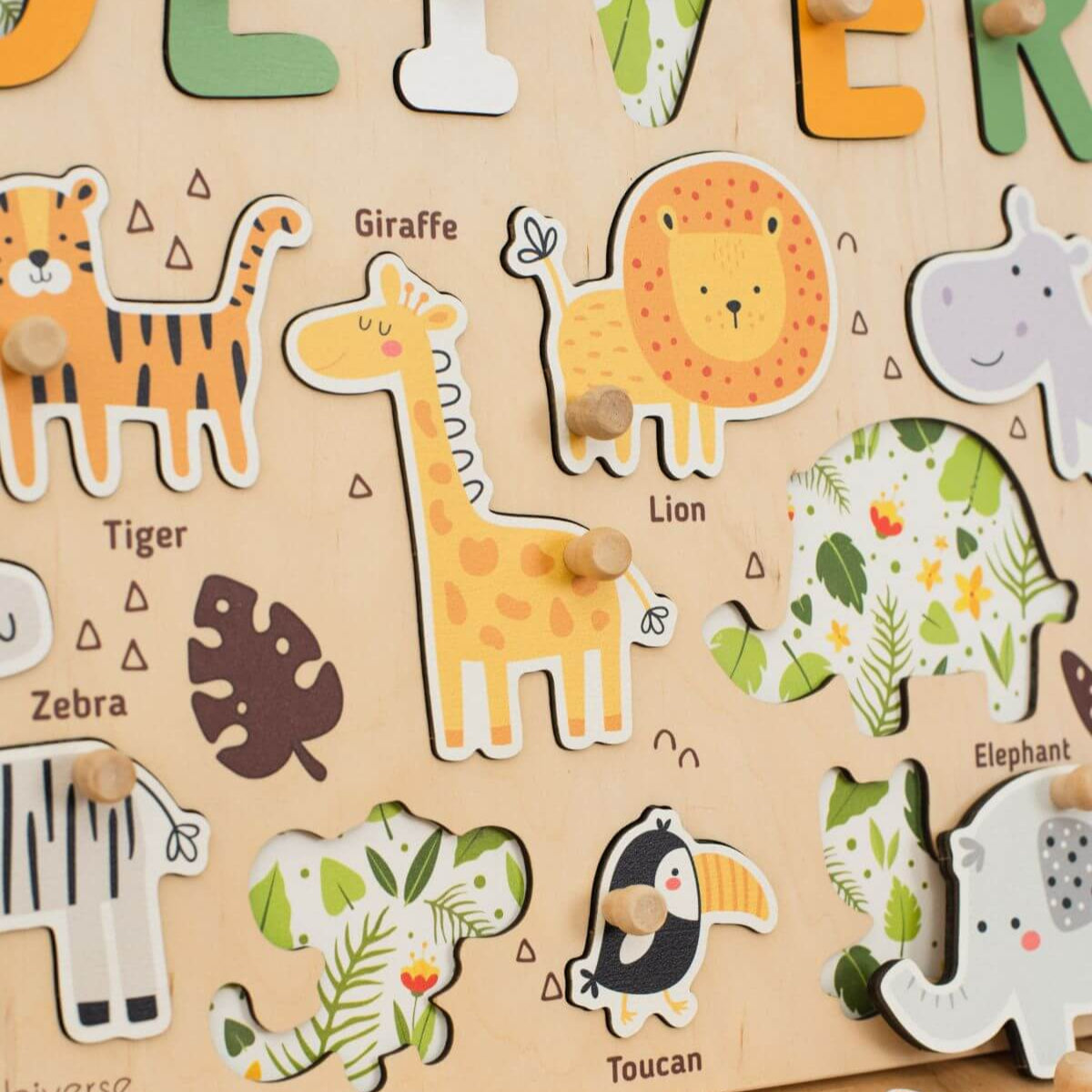 Personalized Jungle Name Puzzle Board – Wooden Montessori Toy