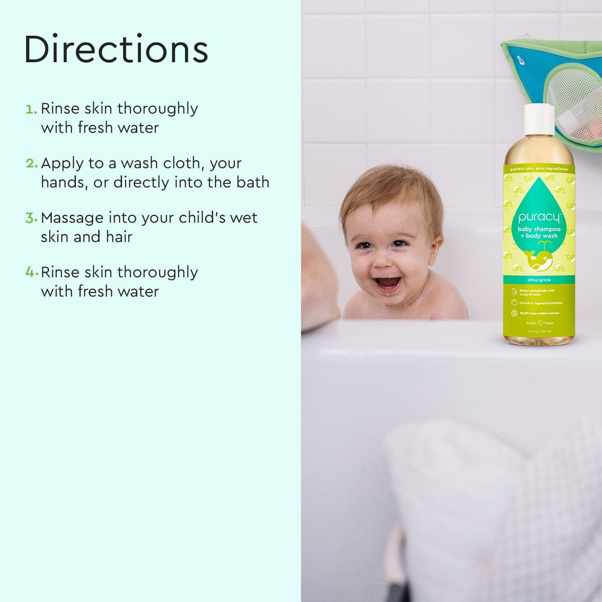 Puracy Tear-Free Baby Shampoo & Body Wash - Plant-Based, pH-Balanced for Sensitive Skin