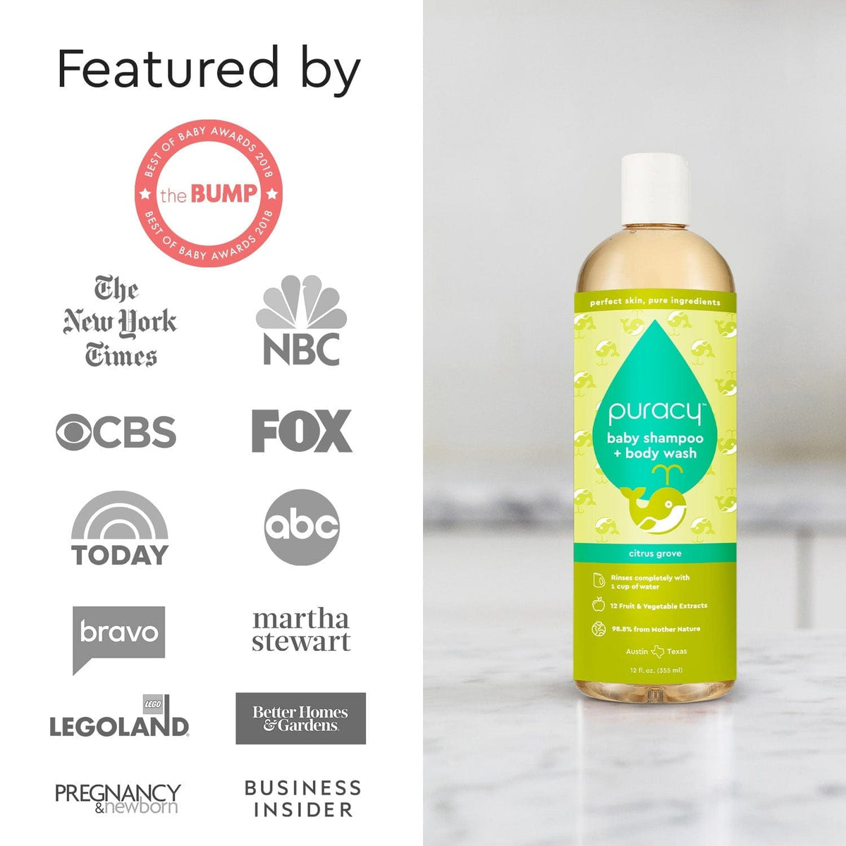 Puracy Tear-Free Baby Shampoo & Body Wash - Plant-Based, pH-Balanced for Sensitive Skin
