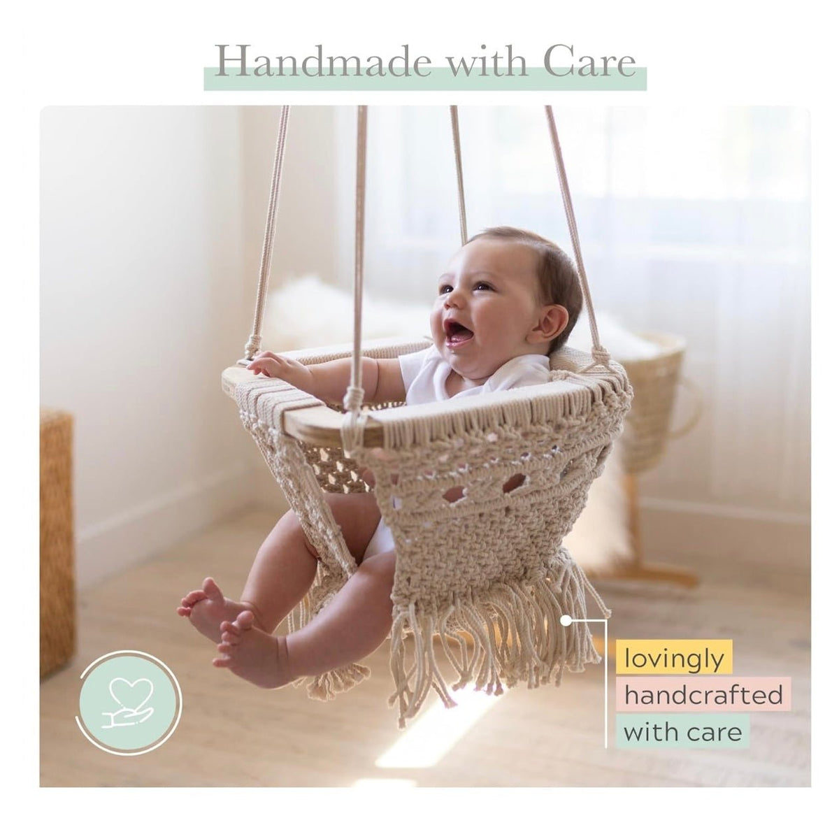 Finn + Emma Handmade Organic Macrame Baby Swing - Boho Nursery, Holds Up to 40 lbs