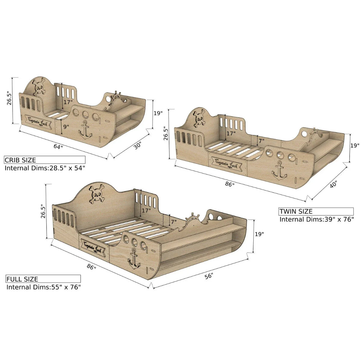 Bush Acres Captain Jack Pirate Ship Bed - Baltic Birch, Crib/Twin/Full, Made in USA