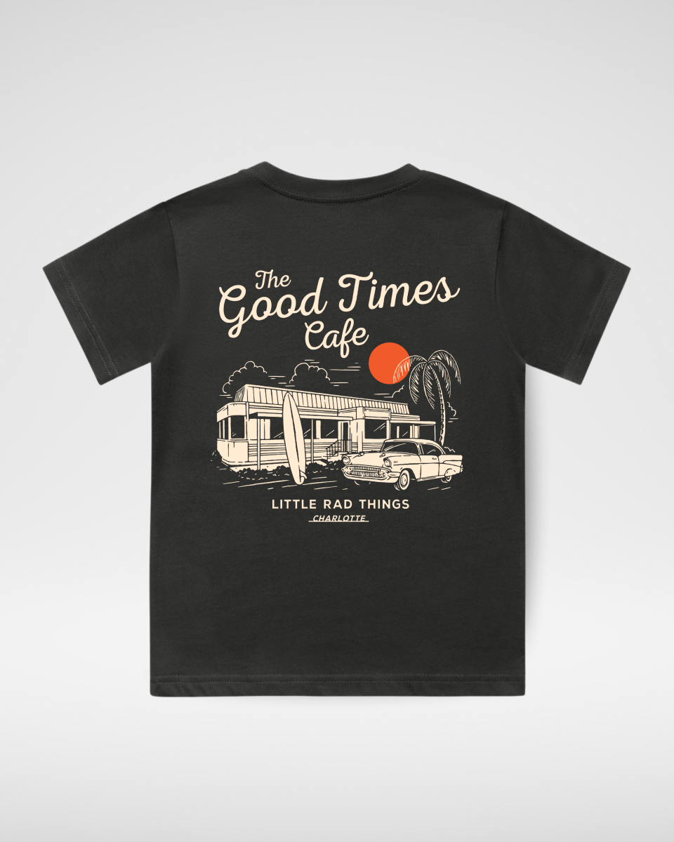 Little Rad Things Good Times Cafe Organic Cotton Kids Tee - Coal, Vintage Graphic