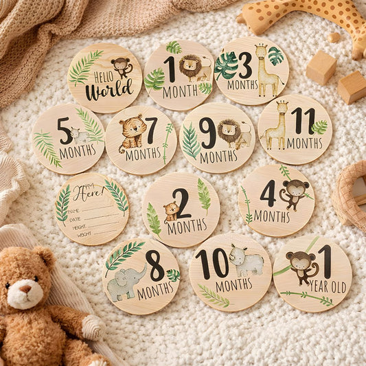 Wooden Baby Milestone Cards – Safari Jungle Monthly Photo Props